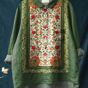 Women Floral Long Sleeve Shirt Spring/Fall Printing Shirt Collar Daily Casual Top, JustFashionNow Shirts, color:Green|size:5XL,