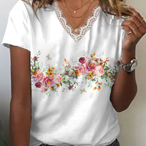 Women Floral Short Sleeve Tee T-shirt V Neck Printing Casual Summer Graphic Tee Top, JustFashionNow T-Shirts, color:White|size:4XL,