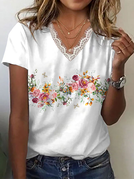 Women Floral Short Sleeve Tee T-shirt V Neck Printing Casual Summer Graphic Tee Top, JustFashionNow T-Shirts, color:White|size:4XL,