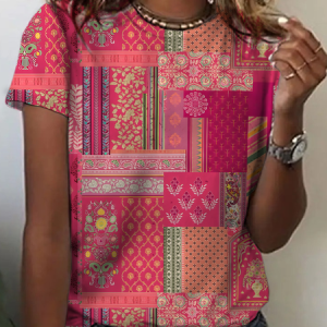 Women's Vintage Bohemian Floral Print Cotton T-Shirt, T-shirts, Lilicloth.com