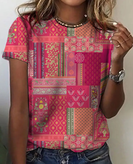 Women's Vintage Bohemian Floral Print Cotton T-Shirt, T-shirts, Lilicloth.com