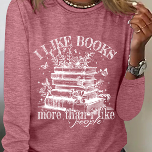 I Like Books More Than I Like People Boho Floral Book Lover Casual Long Sleeve Shirt, Long sleeves, Lilicloth.com