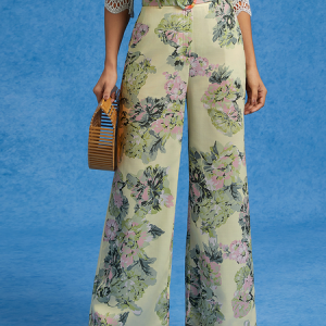 Vacation Floral Wide-Leg Pants With Belt, Pants, color:As Picture|size:XXL, Stylewe