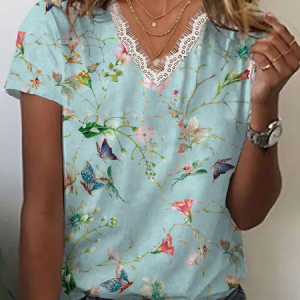 Casual Floral V Neck Short Sleeve T-shirt, T-shirts, color:Cyan|size:4XL, catalog Noracora shop