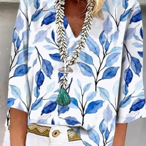 V Neck Three Quarter Sleeve Floral Printing Regular Loose Blouse_ For Women, Blouses, color:Blue|size:XXL, catalog Noracora shop