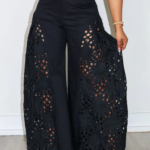 Urban Plain Hollow Wide Leg Pants, Pants, color:Black|size:XXL, Stylewe