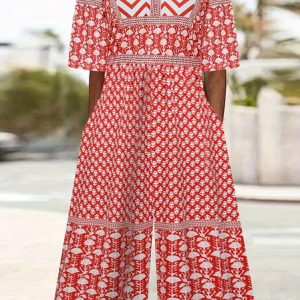 Women Geometric V Neck Half Sleeve Casual Summer Jumpsuit, JustFashionNow Jumpsuits＆Rompers, color:Red|size:4XL,