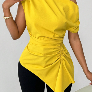 Urban Plain Gathered Asymmetrical Blouse, Blouses and Shirts, color:Yellow|size:XXL, Stylewe