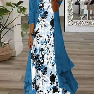 Women Floral Printing Two-Piece Set Daily Three Quarter Sleeve Casual Spring/Fall Dress With Coat Matching Set, JustFashionNow 2-Piece Dresses, color:white-blue|size:XXL,