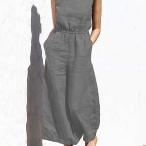 Women Sleeveless Crew Neck Long Daily Casual Plain Natural Tank Jumpsuits, Jumpsuits&Rompers, color:Gray|size:5XL, catalog Noracora shop