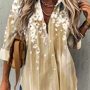 Shirt Collar Long Sleeve Floral Regular Loose Shirt For Women, Shirts, color:Yellow|size:M, catalog Noracora shop
