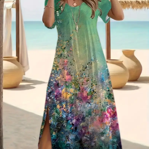 Women Floral Short Sleeve Summer Printing Dress Crew Neck Daily Casual Maxi Fit & Flare Dress A-Line Dress, JustFashionNow Casual Dresses, color:Green|size:5XL,