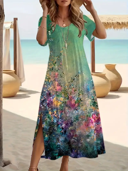 Women Floral Short Sleeve Summer Printing Dress Crew Neck Daily Casual Maxi Fit & Flare Dress A-Line Dress, JustFashionNow Casual Dresses, color:Green|size:5XL,