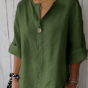 Women's Three Quarter Sleeve Blouse Spring/Fall Plain Buttoned Cotton V Neck Daily Going Out Casual Top, JustFashionNow Blouses, color:Green|size:3XL,