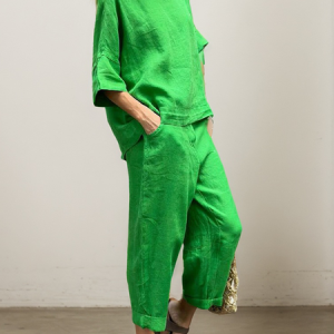STYLE WE x CHILLINEN |Casual Plain Crew Neck Two-Piece linen-cotton Set, Two-piece Set, color:Green|size:XXL, Stylewe