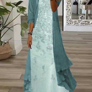Women Floral Printing Two-Piece Set Daily Three Quarter Sleeve Casual Spring/Fall Dress With Coat Matching Set, JustFashionNow 2-Piece Dresses, color:Green|size:XXL,