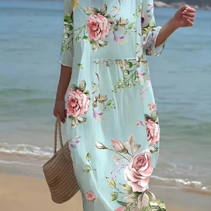 Women Floral Half Sleeve Summer Printing Dress Crew Neck Daily Casual Maxi H-Line Dress, JustFashionNow Casual Dresses, color:Cyan|size:5XL,