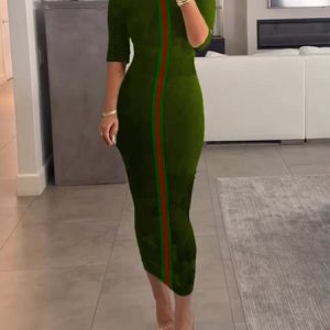 Casual Color Block Classic Tight Crew Neck Bodycon Dress, Midi Dresses, color:Green|size:XS, Stylewe