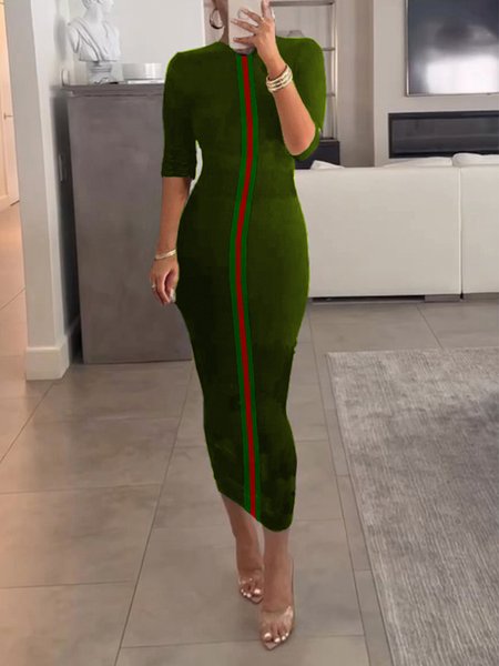 Casual Color Block Classic Tight Crew Neck Bodycon Dress, Midi Dresses, color:Green|size:XS, Stylewe