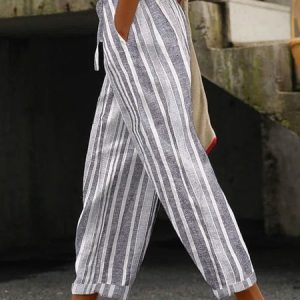 Casual Striped Printed Cotton and Linen Daily Long Pants, Pants, color:White|size:3XL, catalog Noracora shop