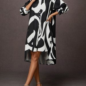 Long sleeve Regular Fit Urban Chevron Shirt Dress, Midi Dresses, color:White|size:XXL, Stylewe