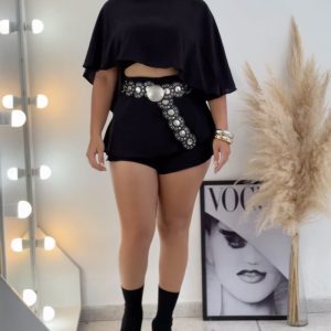 2 Pieces Outfit High-Low Split Back Hollow-out Cape Top With Skirt Shorts(Without Belt), women Two-piece Sets, ChicMe catalog