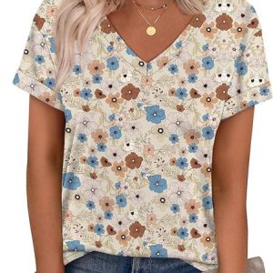Casual Floral V Neck Short Sleeve T-shirt, T-shirts, color:Khaki|size:4XL, catalog Noracora shop