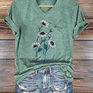 Casual Floral V Neck Short Sleeve T-shirt, T-shirts, color:As Picture|size:4XL, catalog Noracora shop