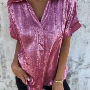 Women Plain Short Sleeve Shirt Summer Metal Shawl Collar Daily Casual Top, JustFashionNow Blouses, color:Fuchsia|size:3XL,