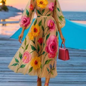 Elegant Floral Balloon Sleeve Printing Crew Neck Midi Dress, Midi Dresses, color:As Picture|size:XXL, Stylewe