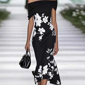 Women Floral Cap Sleeve Summer Printing Dress Cold Shoulder Daily Vintage Maxi H-Line Dress, JustFashionNow Casual Dresses, color:Black|size:4XL,