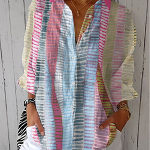 Women Striped Three Quarter Sleeve Shirt Spring/Fall Printing Shirt Collar Daily Casual Top, JustFashionNow Shirts, color:As Picture|size:5XL,