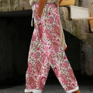 Women Paisley Long Pant Casual Spring/Fall Trousers, JustFashionNow Pants, color:White|size:3XL,