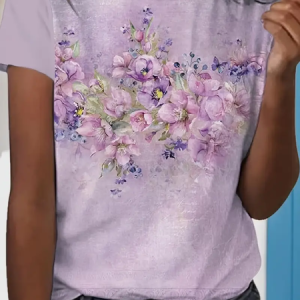 Women Floral Short Sleeve Tee T-shirt Crew Neck Printing Casual Summer Graphic Tee Top, JustFashionNow T-Shirts, color:Purple|size:XXL