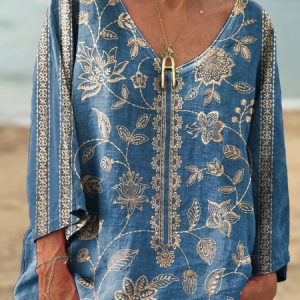 Casual Ethnic Floral Pattern V Neck Long Sleeve T-shirt, T-shirts, color:Green|size:4XL, catalog Noracora shop
