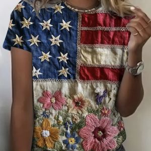 Casual Floral Crew Neck Short Sleeve T-shirt, T-shirts, color:Blue|size:5XL, catalog Noracora shop