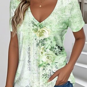 Vintage Floral V Neck Short Sleeve T-shirt, T-shirts, color:Green|size:XXL, catalog Noracora shop