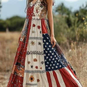 Women Independence Day Floral Printing Summer Dress V Neck Sleeveless A-Line Dress, Maxi, color:Red|size:4XL, catalog Noracora shop