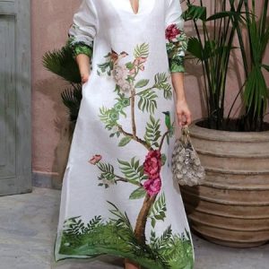 Urban Floral  Printing Shawl Collar Maxi Dress No Belt, Maxi Dresses, color:As Picture|size:XXL, Stylewe