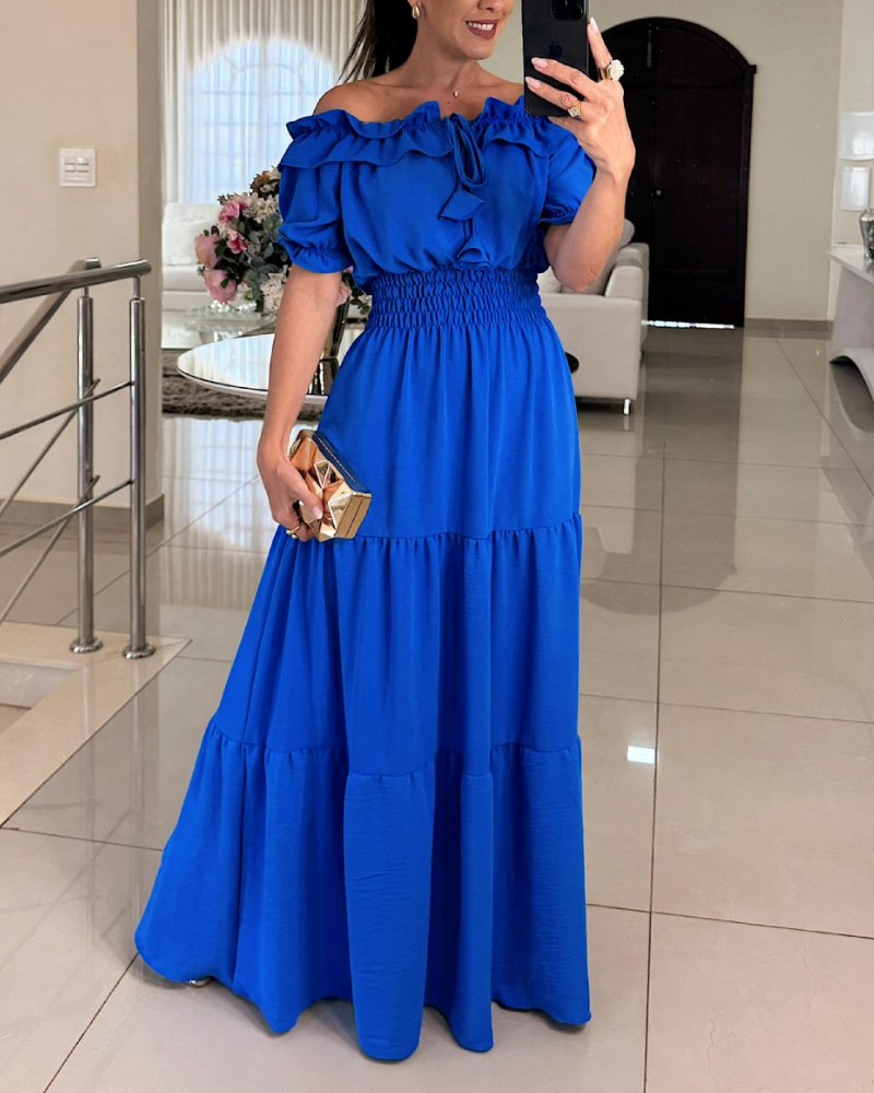 Off Shoulder Short Sleeve Frill Hem Lace Up Dress Casual Strechy Waist Flared Maxi Dress, women Maxi Dresses, ChicMe catalog - Image 2