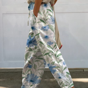 Casual Comfort Plant Floral Cotton Long Pants, Pants, color:White|size:3XL, catalog Noracora shop