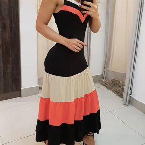 Colorblock V-Neck Spaghetti Straps Ruched Ruffle Hem Maxi Dress, women Maxi Dresses, ChicMe catalog