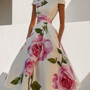 Elegant Floral Printing Stand Collar Midi Dress, Midi Dresses, color:As Picture|size:XXL, Stylewe