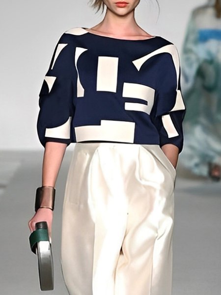 Urban Geometric Printing Crew Neck Raglan Sleeves Blouse, Blouses and Shirts, color:Blue-White|size:XXL, Stylewe