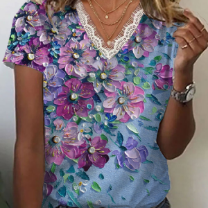 Women Floral Short Sleeve Tee T-shirt V Neck Printing Casual Summer Graphic Tee Top, JustFashionNow T-Shirts, color:Blue Purple|size:4XL,