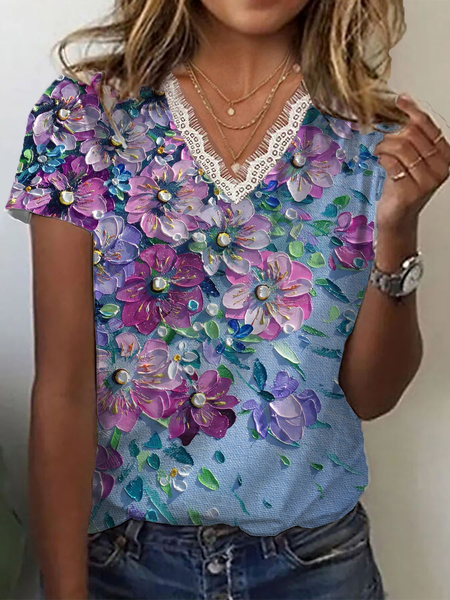 Women Floral Short Sleeve Tee T-shirt V Neck Printing Casual Summer Graphic Tee Top, JustFashionNow T-Shirts, color:Blue Purple|size:4XL,