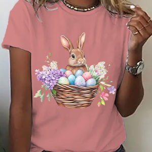 Women Easter (rabbit) Short Sleeve Tee T-shirt Crew Neck Casual Summer Top, JustFashionNow T-Shirts, color:Orange Pink|size:3XL,