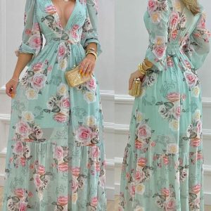 Floral Print Deep V Neck Lantern Sleeve Cinched Waist Maxi Dress Ruched Shirred Back Ruffle Hem Vacation Dress, women Maxi Dresses, ChicMe catalog