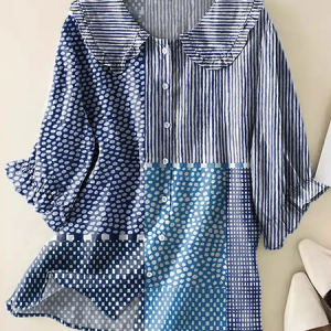 Women Striped Short Sleeve Shirt Summer Printing Shawl Collar Daily Casual Top, JustFashionNow Shirts, color:Blue|size:5XL,