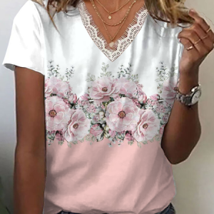 Women Floral Short Sleeve Tee T-shirt V Neck Printing Casual Summer Graphic Tee Top, JustFashionNow T-Shirts, color:Pink|size:4XL